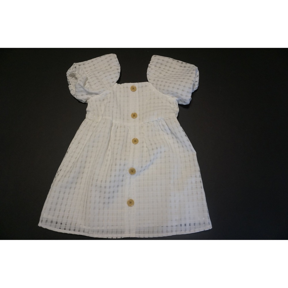GB Girls White Grid Puff Sleeve Smocked Back Button Front Dress Size 4